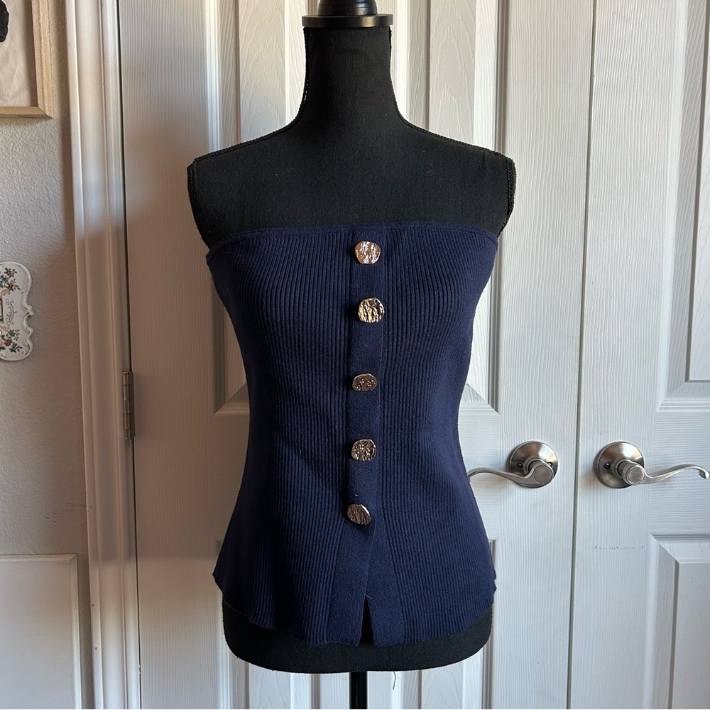 Rich and Famous blue strapless gold button front top